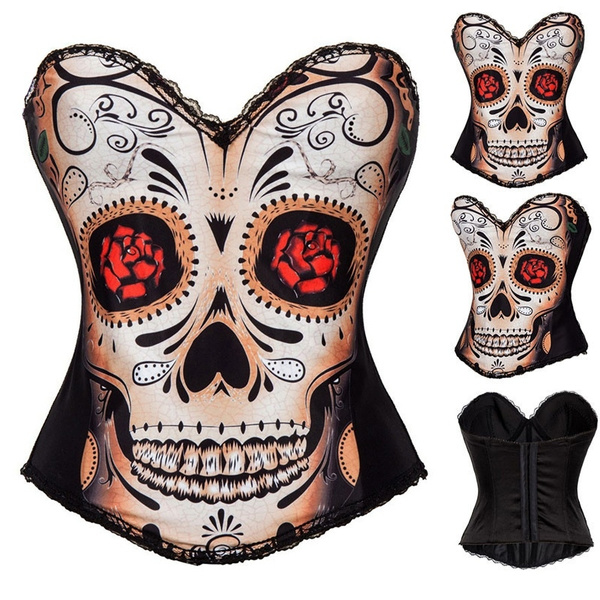 Skull Face WIth Floral Eye Print Espartilhos Corset Corselet Gothic Corsage Steampunk  Korsett For Women Sexy Burlesque Costumes