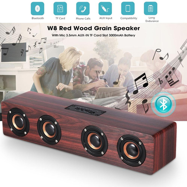 W8 Red Wood Grain Bluetooth Speaker Four Louderspeakers Super Bass w/Mic AUX TF 