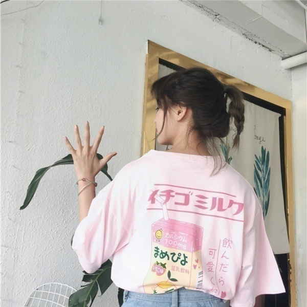 Women Girls Japanese Strawberry Milk Box Graphic T-shirt Fairy Kei ...