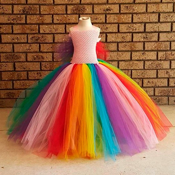 Princess Flower Girl Dress Handmade Rainbow Tulle Girls Party Tutu Dress  For Wedding Birthday Party