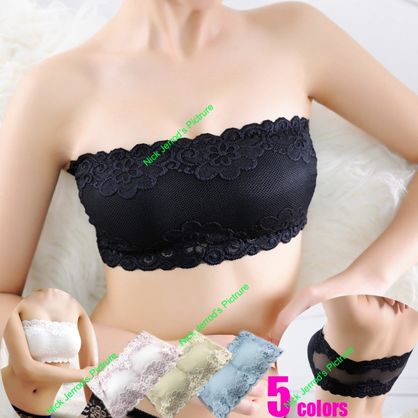 Women strapless bra girls bandeau top Padded replaceable Full Floral Lace  Strapless Seamless Stretchy Tube Bra Tops Bralette Black top Full cup  underwear fashion