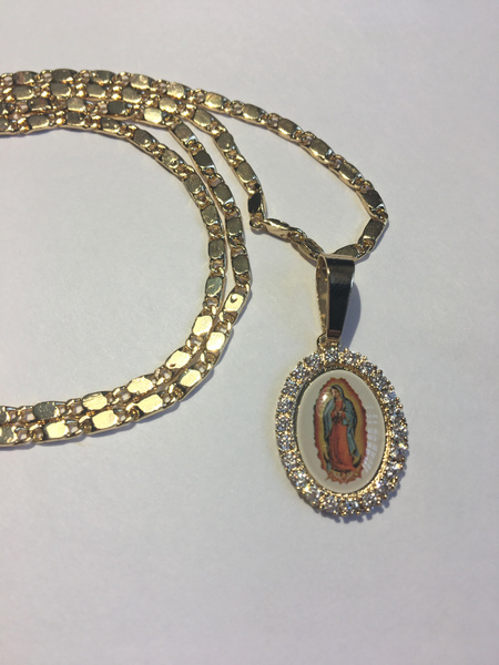 14K Gold Our Lady of Guadalupe Pendant with Necklace Oro La Virgen de ...