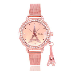 1 Piece Eiffel Tower Pendant Gold Watch Stainless Steel Mesh Band Fashion Female Wrist Watch 