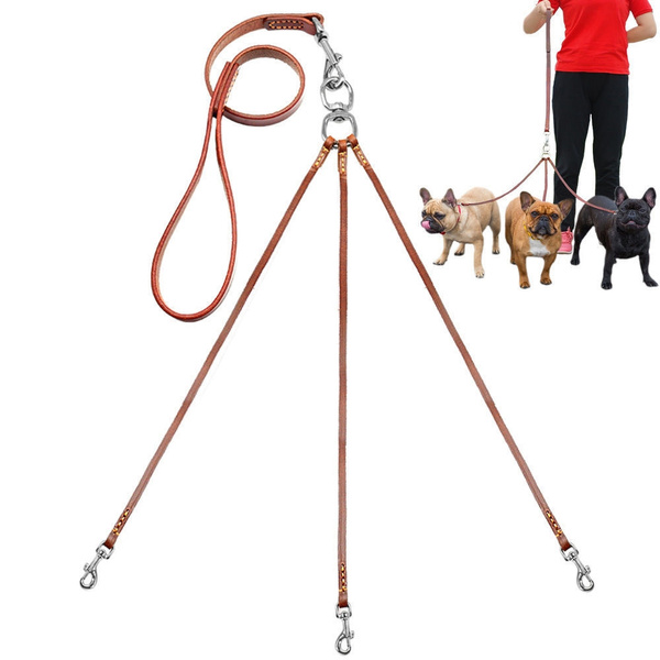 No Tangle Triple Coupler Thick Leather Pet Dog Leash For 3 Puppy Dogs Brown Wish