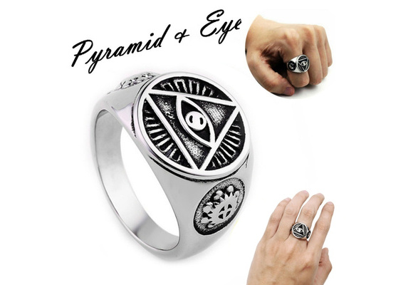 Mens Gold Tone Stainless Steel Illuminati All-Seeing-Eye Pyramid Band Ring #7-13 