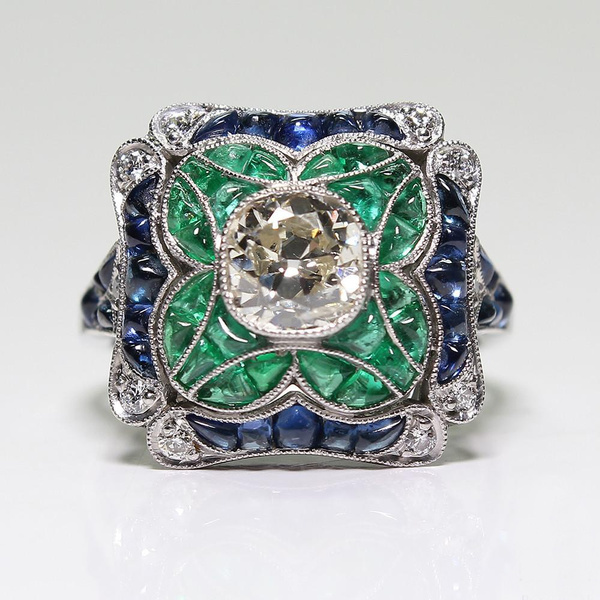 Antique Art Deco 925 Sterling Silver 2CT Sapphire & 1.30CT Emerald ...