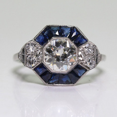 Antique 925 Sterling Silver 1.04ct Diamond & 0.9ct Sapphire Art Deco Ring