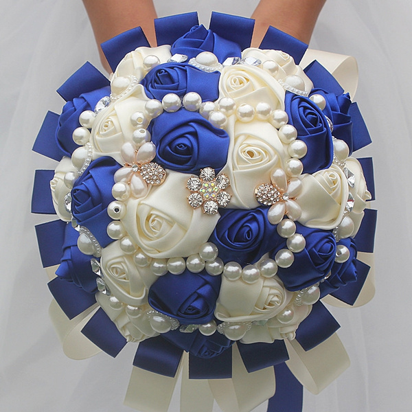 Satin Rose Flowers Wedding Bouquet Pearls Beaded Bridal Wedding Flowers ...