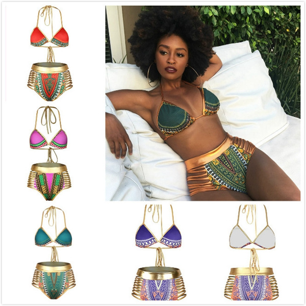 Vintage Bikini Fashion Sexy Women Swimsuit Halter Straps Printing Free ...