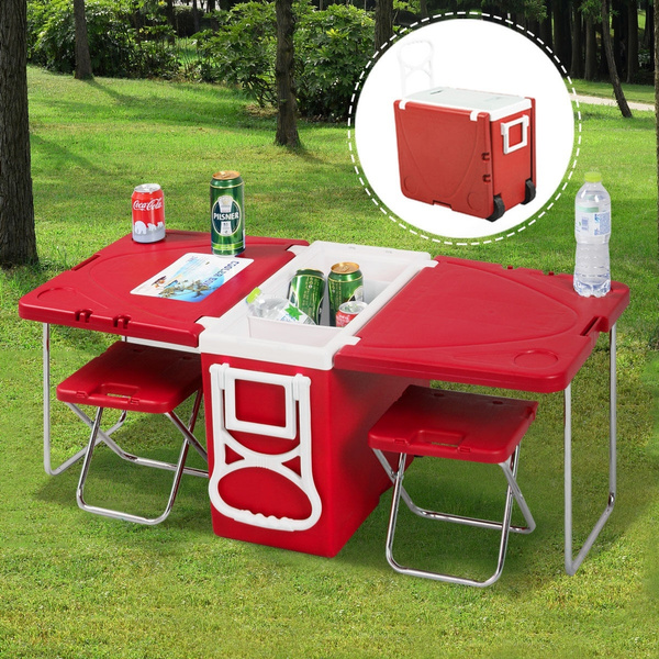 Camping Outdoor US Multi Function Rolling Picnic Cooler With Table And 2 Chairs 