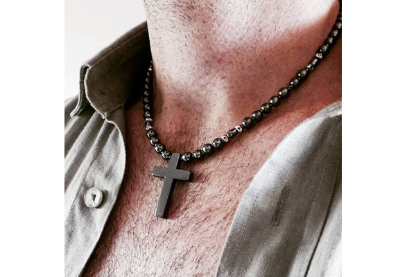 mens hematite cross necklace