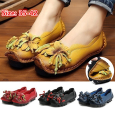  Autumn Women Genuine Leather Handmade Flower Loafers Shoes Folk Style Soft Bottom Leather Casual Shoes