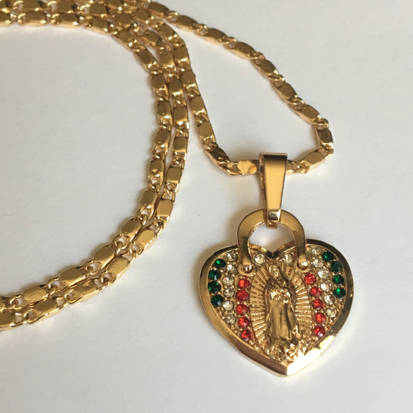 14K Gold Our Lady of Guadalupe Pendant with Necklace Oro La Virgen de ...