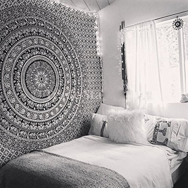 Queen Black White Hippie Elephant Mandala Tapestry Bedspread Beach Blanket Dorm