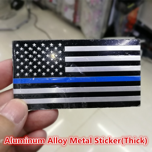 Chrome Black with Thin Blue Stripe Line Police Cop Flag 3D US American USA Window Tailgate Decal Sticker Emblem Badge Logo Crest 