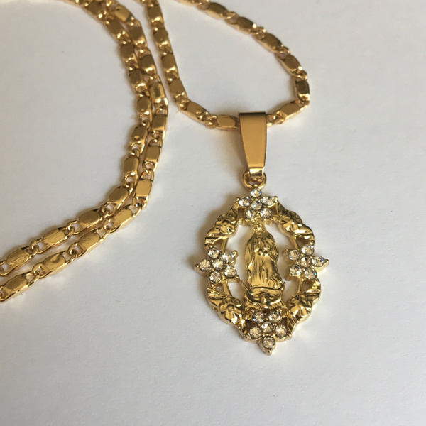 14K Gold Our Lady of Guadalupe Pendant with Necklace Oro La Virgen de ...