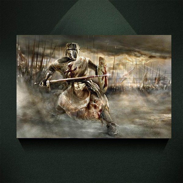 Modern Abstract Gothic Canvas Print Knight Templar Amidst An Epic Battle Oil Painting Canvas Poster War Fighting Wall Art Picture For Living Room Bar Cafe Decoration Painting Core Wish