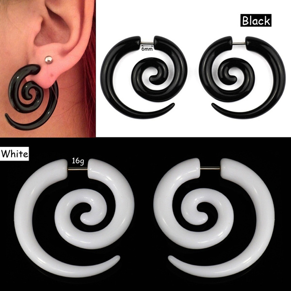 Fake Ear Stretcher Plugs Black & White Checked Acrylic Faux Gauge Spiral