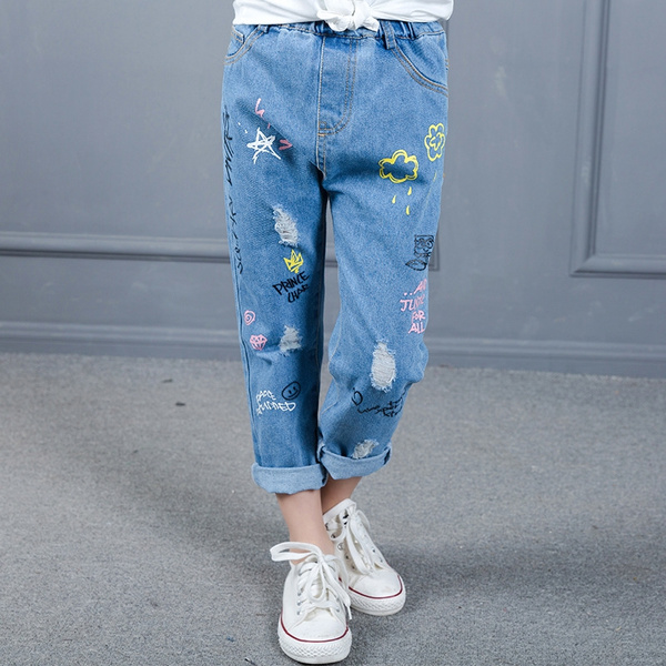 Udpakning tag på sightseeing Hover Girls Jeans Personality Hand Painted Paint Cartoon Harem Pants For Girls  Elastic Waist Denim Trousers 4-12 Years Spring Autumn Children Clothing |  Wish