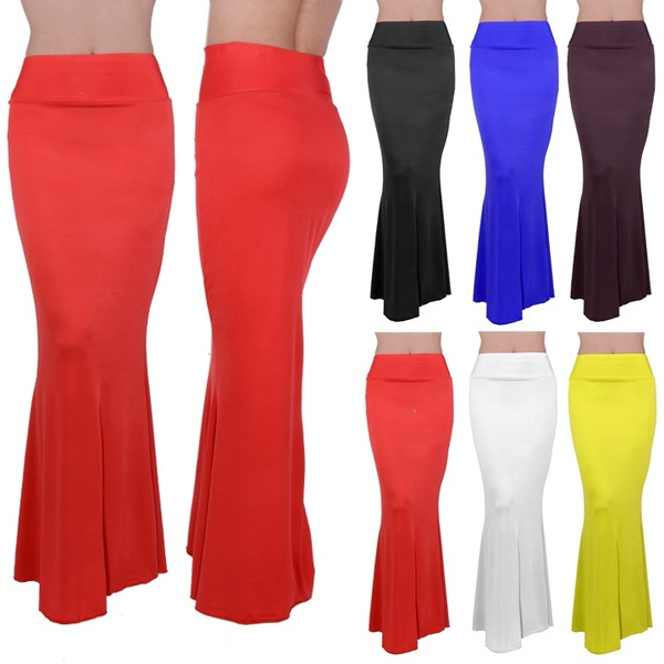 Women's High Waisted Stretch Bodycon Long Mermaid Maxi Skirt One Size ...