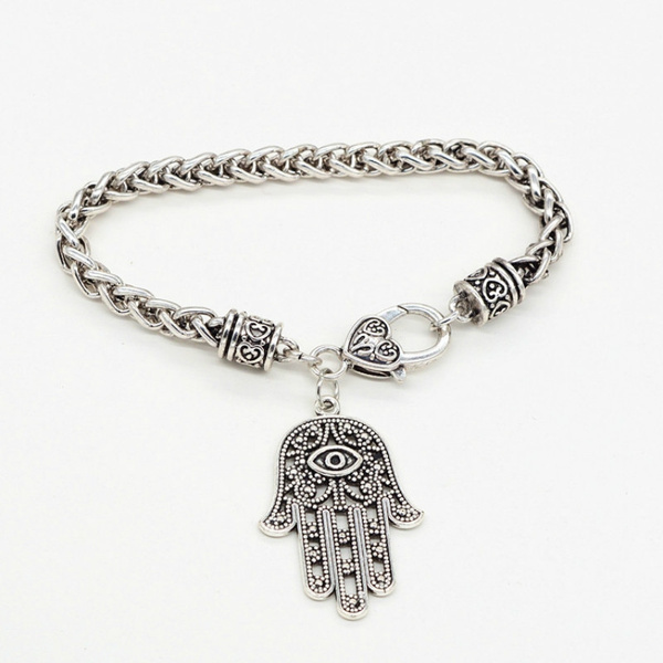 Creative 925 Sterling Silver Link Chain Bracelet Crystal Palm Hamsa
