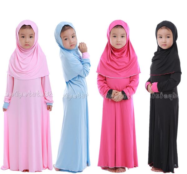 Muslim Kids Girls Long Sleeve Abaya Jilbab Suit Islamic Kaftan Hijab ...