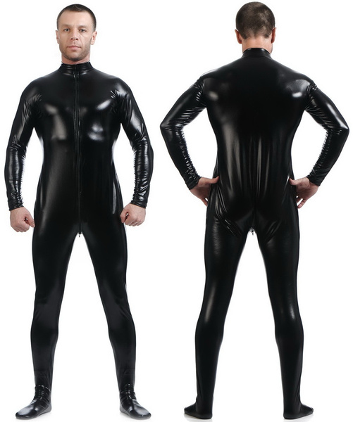 Men Tights Body Suit Costumes Front Long Zipper Black Shiny Metallic Catsuit Costumes No Head 7830