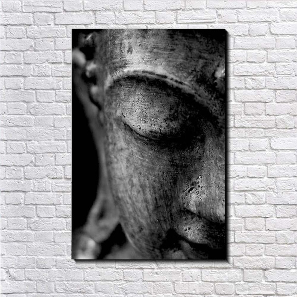 Picture Poster Buddhist Art Framed Print Stone Buddha Face Black & White 