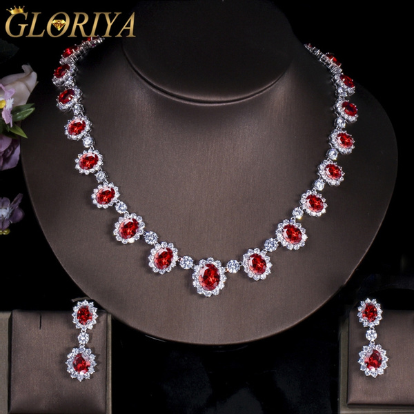 White Tone Red/Black Maroon Cubic zirconia Long Diamond Necklace set | –  Nepali Pahiran