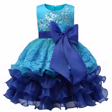Cute Baby Girls Sleeveless Lace Bowknot Princess Dress Kids Elegant Formal Prom Birthday Party Bridesmaid Wedding Dresses Children Clothing Girl 3-8 Years Blue Rose Red