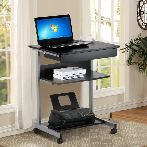 Black Wood Small Laptop Computer Cart, Small Black Computer Desk With Shelf For Printer