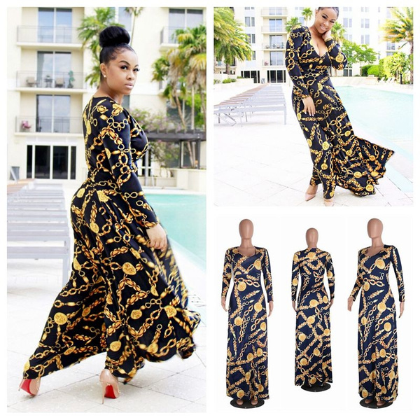 2017 women long sleeve v neck print long dress Women high waist pleated ...