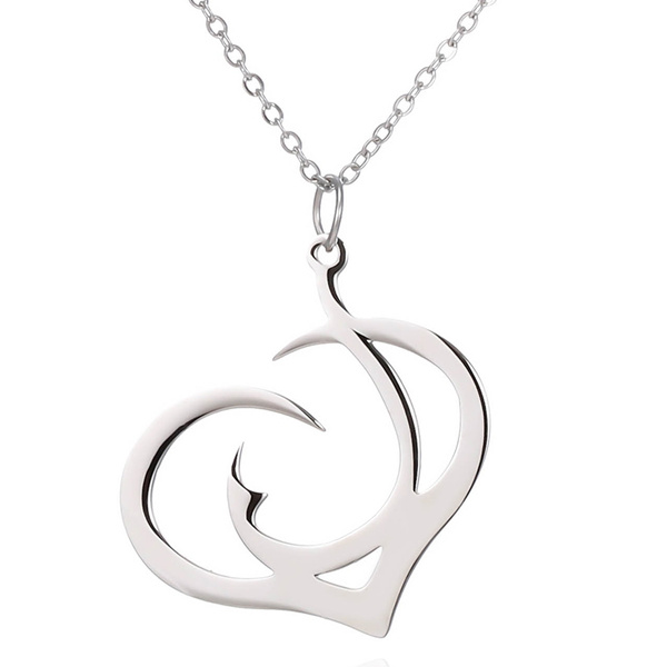 Women Silver/Gold Fish Hook Love Heart Pendant Necklace Stainless Steel  Necklace