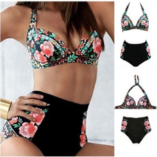 Fashion Women Plus Size Swimwear Print Floral High Waisted Bathing Suits Swim Halter Bikinis Set
