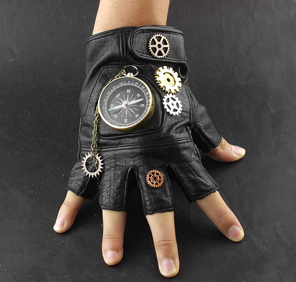 Retro Gold Leather Gloves Steampunk Fingerless Gloves Men Cosplay Costume  Props