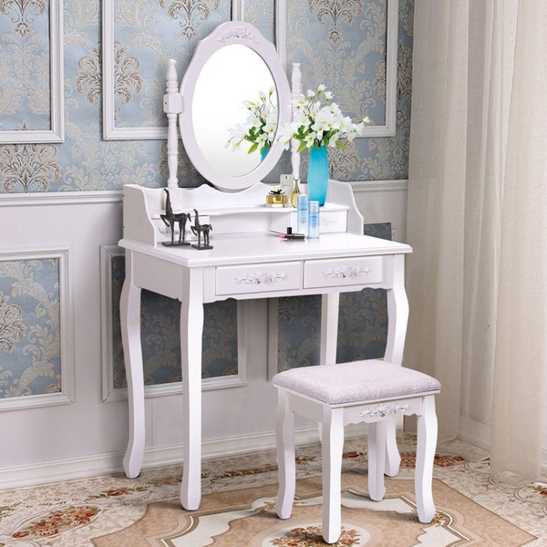 Bathroom White Vanity Wood Makeup Dressing Table Stool Set Bedroom With Mirror 4drawers Wish Vanity Wood Makeup Dressing Table Stool, Wood White Vanity Table