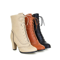 Women's Mid Calf Leather Boots High Heel Lace Up Motorcycle Cowboy Ankle Booties