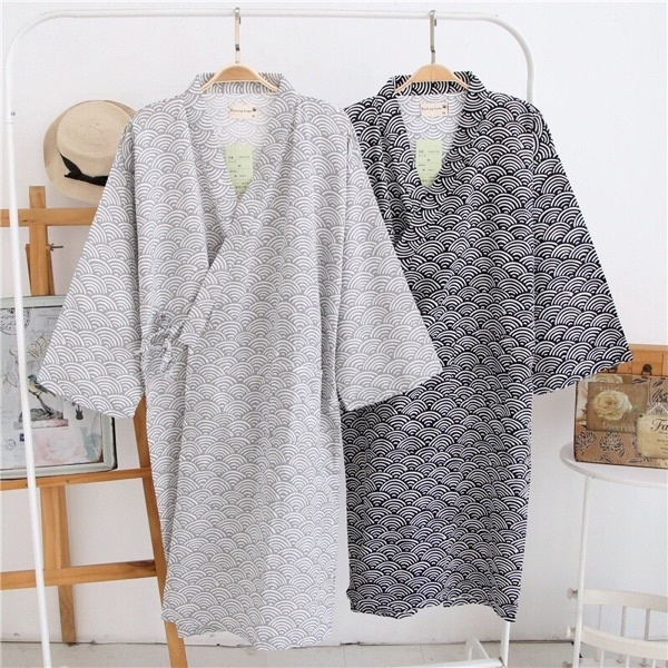 Men Kimono Yukata Bathrobe Robe Gown Long Sleeve Nightwear Cotton Japanese