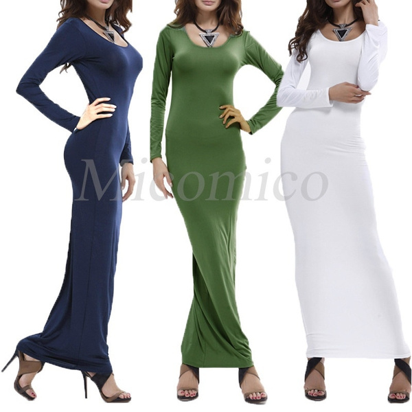 Fashion Women Ladies Long Sleeve Bodycon Maxi Dress Slin Fit