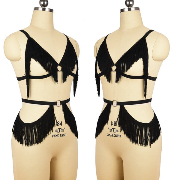Bondage Lingerie Two Piece Adjustable Body Harness Bra + Panties Shimmy  Fringe Burlesque Cage Bra Belt