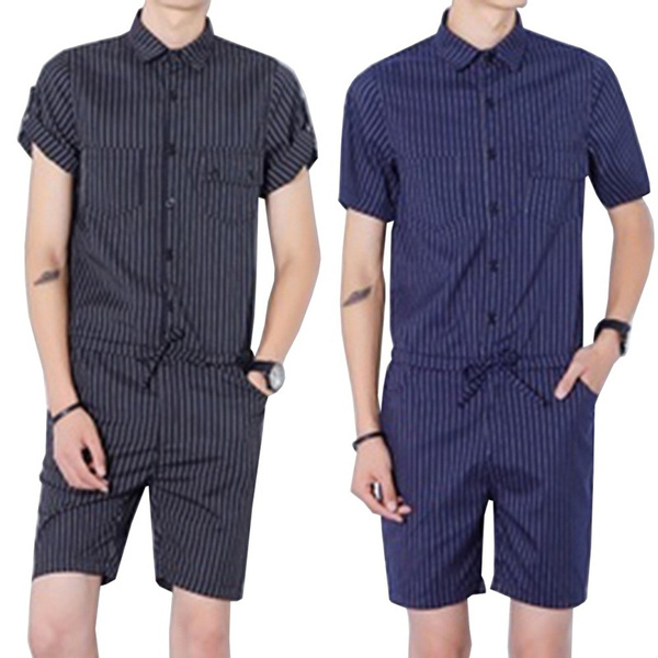 Men's Casual Stripe Short Sleeve Onesie Jumpsuit Playsuit Overalls