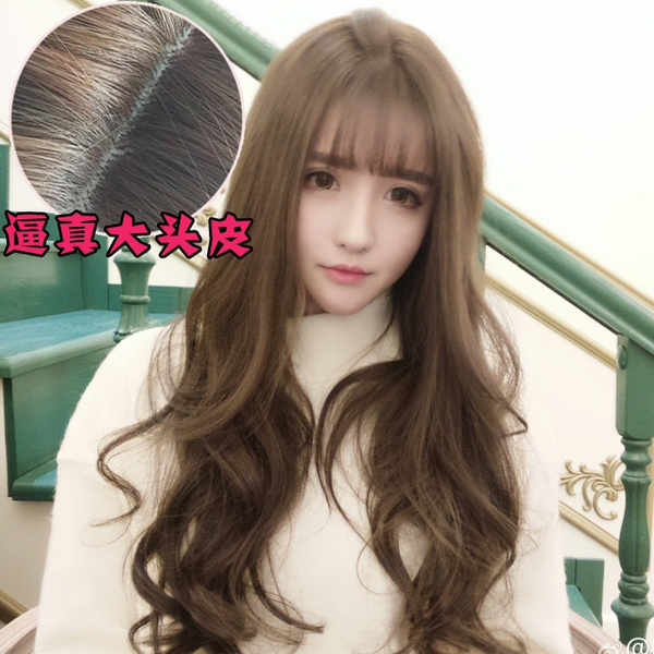 Korean Style Temperament Loose Long Curly Wigs with Flat Air Bangs Matte High Temperature Fiber Human Hair Bundles Loose Wavy Wigs