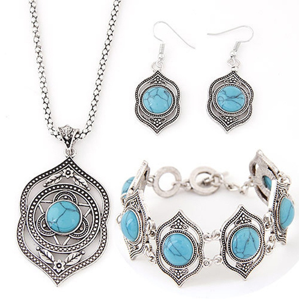 Women's Retro Turquoise Earrings Necklace Bracelet Jewelry Set | Wish
