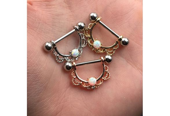 Prosperous-Blooming 2Pcs Titanium Nipple Shield Piercing 14G Opal Nipple Rings Body Jewelry Good Friend Gift 