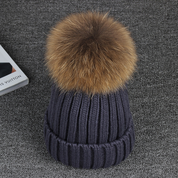 15 cm Reale Pelliccia di Procione pon pon Palla Maglia Berretti Cappello  Invernale per Le Donne della ragazza Cotone Skullies 2016 Brand New Spessa  Femminile Cap | Wish