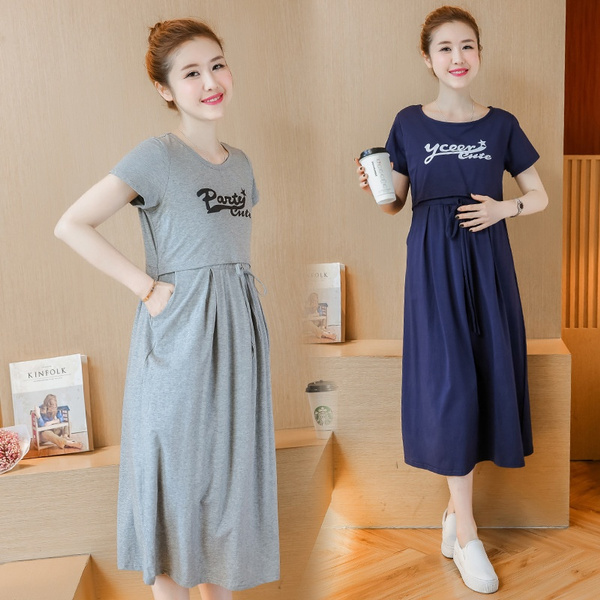 Maternity Dress Breastfeeding Two Piece Suit Short Sleeved Maternity Clothes For Pregnant Women Long Korean Skirt Wish