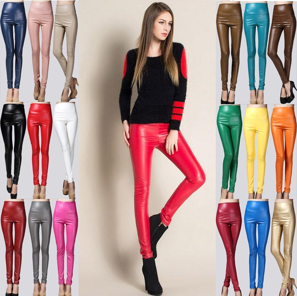 Plus Size Leather Leggings Pants Women's High Waist Slim Thin Pencil Pants  18 Colors