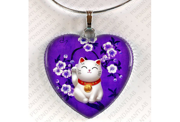 Glass Cabochon Beckoning JAPANESE LUCKY CAT MANEKI NEKO  Pendant Necklace