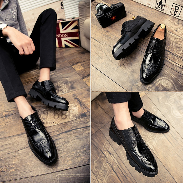 Men s Leather Shoes 3 Inches Taller Height Increasing Elevator Shoes Black Lace up Round toe