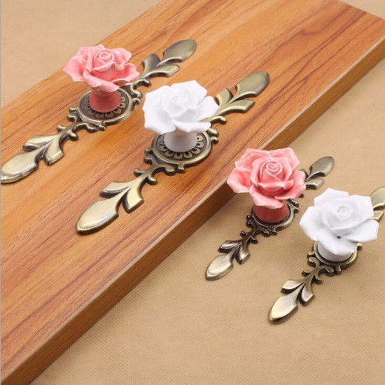 Beautiful Ceramic Vintage Rose Flower, Rose Dresser Pulls